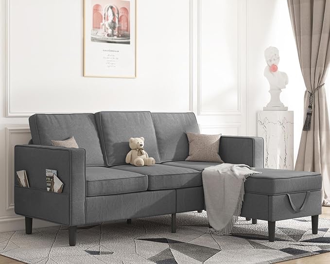 Mjkone Convertible Sectional Sofa Couch, 3-Seat L-Shaped Sofa with Storage Ottoman, Wooden Couch Legs Modern Linen Fabric Reversible Chaise for Living Room, Studio, Apartment- Deep Grey ( Incomplete )