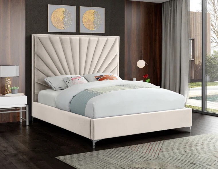 Meridian Furniture - Eclipse Velvet King Bed in Cream - EclipseCream-K ( Incomplete Box 1/2 Only ) 
