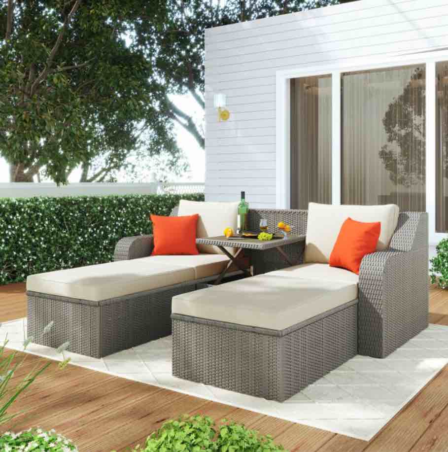 Style | 3Pc Patio Wicker Sofa w/ Cushions, Pillows, Ottomans and Lift Top Coffee Table WY000277AAA (incomplete) box 1/2 only 