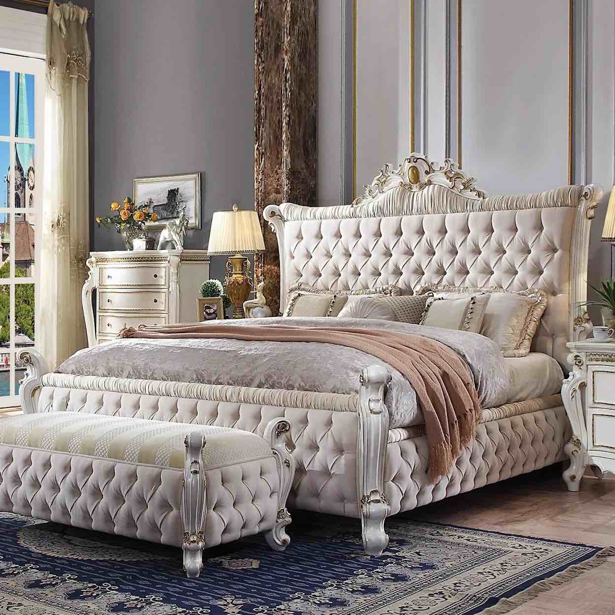 incomplete Traditional Fully Tufted eastern King Bed with Ornate Carvings (Incomplete, footboard only)