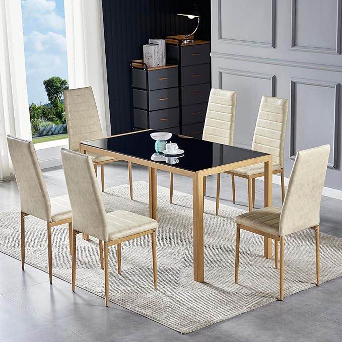 Anchorhome 7 Piece Modern Black Top Dining Table Set for 6 Kitchen