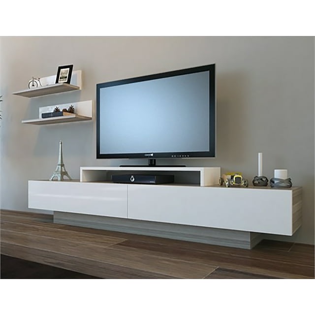 Lusi 71" Modern Wide Rectangle TV Stand, Wood, Melamine Veneer, White & Cordoba