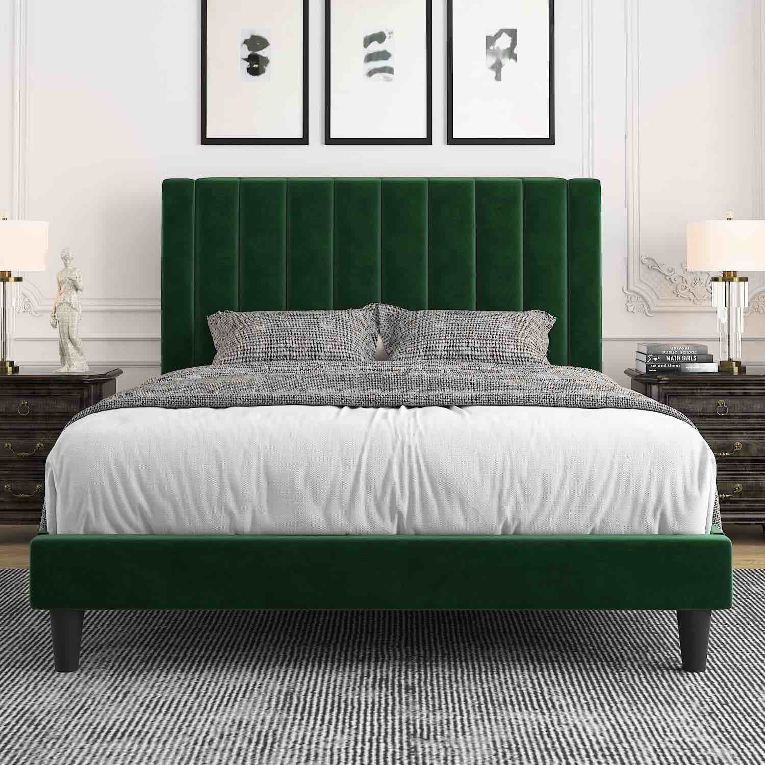 Queen Bed Frame/Velvet Upholstered Bed Frame with Vertical Channel Tufted Headboard/Strong Wooden Slats/Platform Bed Frame/Mattress Foundation/Box Spring Optional/Easy Assembly/Green