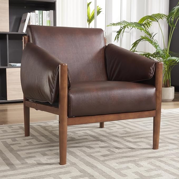 ANJ Mid Century Modern Accent Chair, Comfy PU Leather Reading Armchair with Padded Armrests and Solid Wood Frame, Easy Assembly Arm Chairs for Living Room (1, Dark Brown)