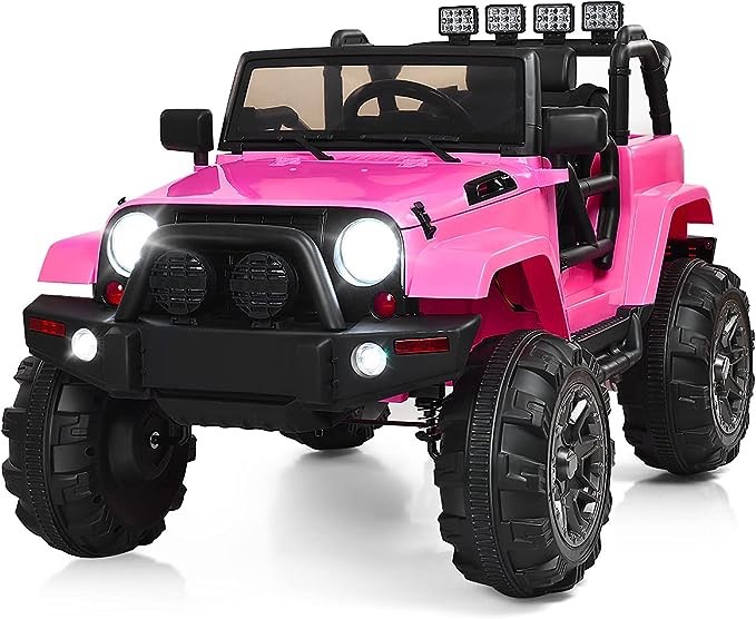 Costzon Ride On Car, 12V Battery Powered Electric Ride On Truck w/Parental Remote Control, LED Lights, Double Open Doors, Safety Belt, Music, MP3, Spring Suspension (Pink) incomplete box 1 of 2