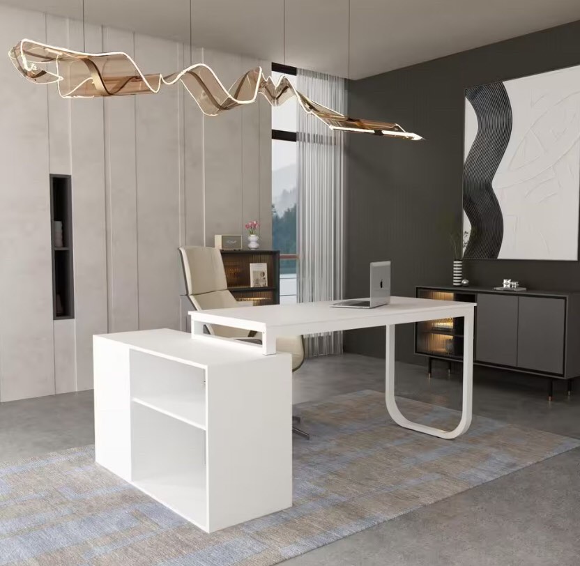 55.1 in. L-Shaped White Wood Executive Writing Desk Computer Desk Workstation W/Removable Tabletop, Shelves, 3-Drawers incomplete 