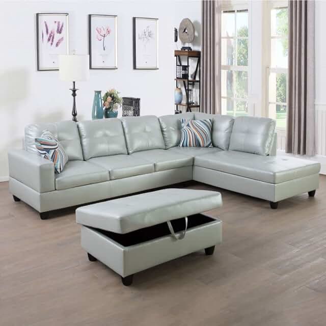 Lovtimber 3-Piece Pcs L-Shaped Button Tufted Set, Right Hand Facing 3-Seater Couch Chaise with Storage Ottoman, PU Synthetic Leather Sectional Sofas for Living Room Home Office, Silver Green incomplete right arm chaise only 