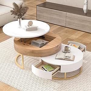 Modern Round Lift-top Nesting Coffee Tables with 2 Drawers, Wood Coffee Table with Storage Set of 2, for Living Room, Office, Balcony (White)