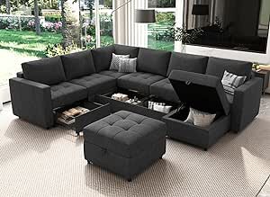 Belffin Oversized Sectional Couch 7 Seats Modular Sectional Sofa with Storage Drawers L Shaped Corner Sofa with Reversible Ottman Set Sofa Pull Out Sofa Sectional for Living Room Dark Grey incomplete carton B middle module 
