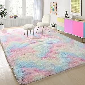 PAGISOFE 4x6 Rainbow Fluffy Soft Plush Area Rugs for Girls Bedroom, Shaggy Rugs for Kids Playroom,Kawaii Princess Fuzzy Rugs for Nursery Baby Toddler,Cute Colorful Room Decor for Teenage