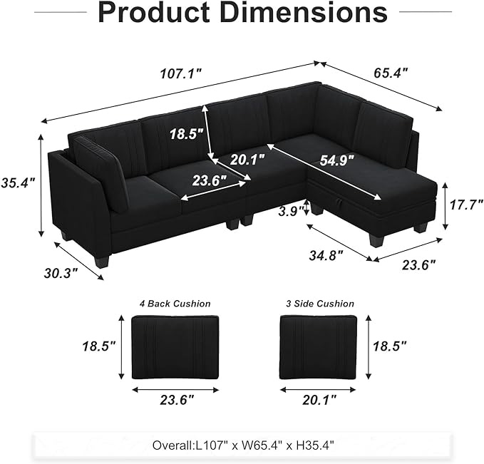 Belffin Convertible L Shaped Sofa Velvet Black Couch Reversible Sectional Couch with Storage Ottoman 4 Seat Sofa with Chaise Velvet Black (Incomplete Box B-middle module)