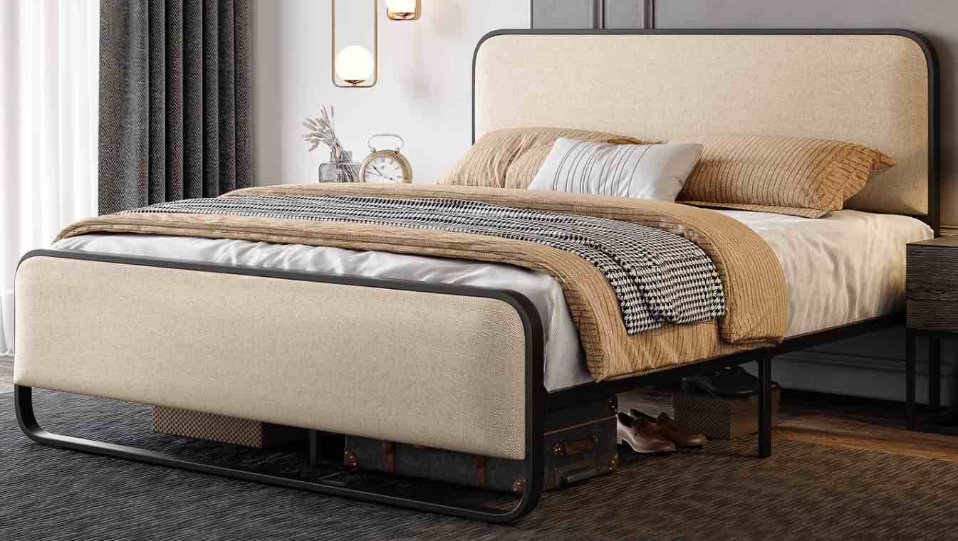 Metal Bed Frame with Curved Upholstered Headboard and Footboard
