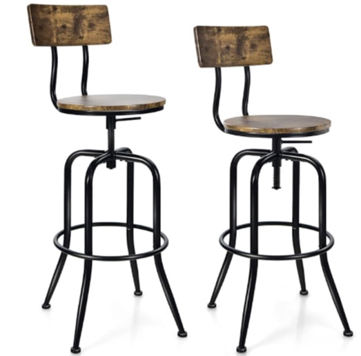 COSTWAY Industrial Bar Stool Set of 2, Vintage Adjustable Swivel Counter Height Kitchen Dining Chair with Arc-Shaped Backrest, Footrest, Round Seat, Metal Vintage Barstools for Pub, Bistro, Island