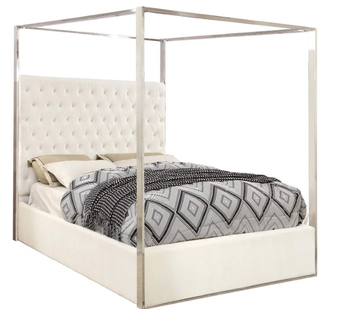 Meridian Furniture Porter Collection Modern | Contemporary Velvet Upholstered Bed with Deep Detailed Tufting and Chrome Canopy, White, Queen. 2 of 2 only. incomplete 