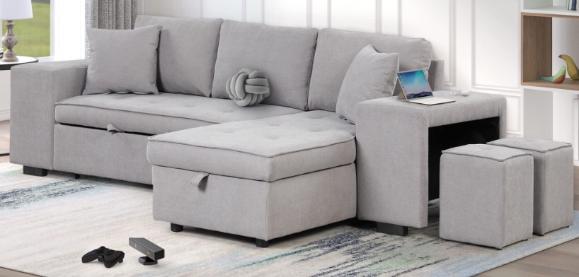104" L-Shape Reversible Sectional Sofa with Pull Out Bed and Shelves, 3 Seat Convertible Sleeper Couch w/ Storage Chaise and 2 Stools,Tufted Seater Corner Sofa & Couches for Living Room Furniture Set. 1 of 2 only. incomplete 