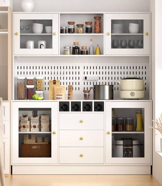 VOWNER Pantry Cabinet, Kitchen Storage Cabinet, Freestanding Buffet Hutch with Pegboard, Cup Holder, Power Outlet, 4 Doors & 3 Drawers, Cupboard with Microwave Shelf & Wine Racks (White). 2 of 2 only. incomplete 