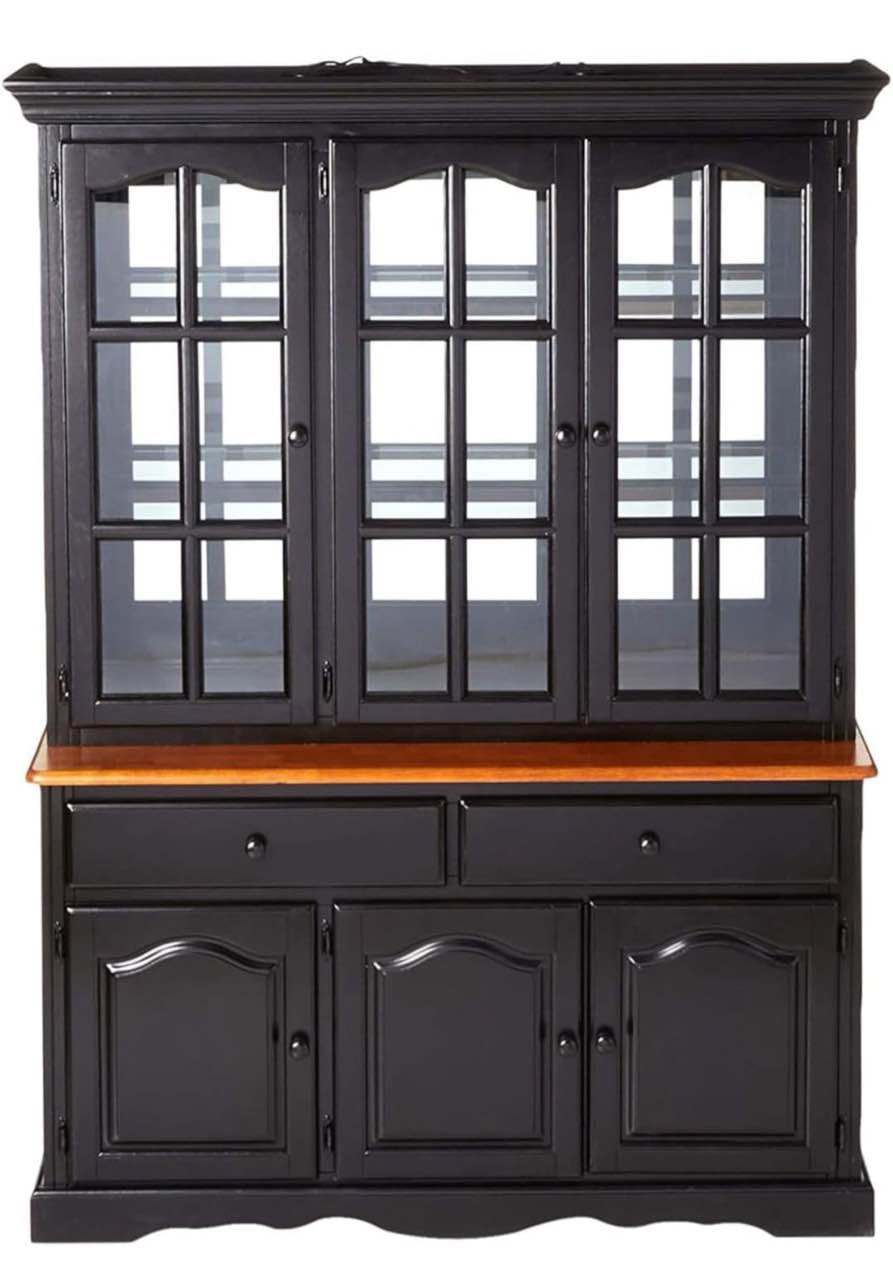 Sunset Trading Selections 53" W China Cabinet w Glass Doors Mirrored Back Buffet w Lighted Hutch Adjustable Shelves Drawers Farmhouse Dining Room Kitchen Display Storage Cherry/Antique Black Wood