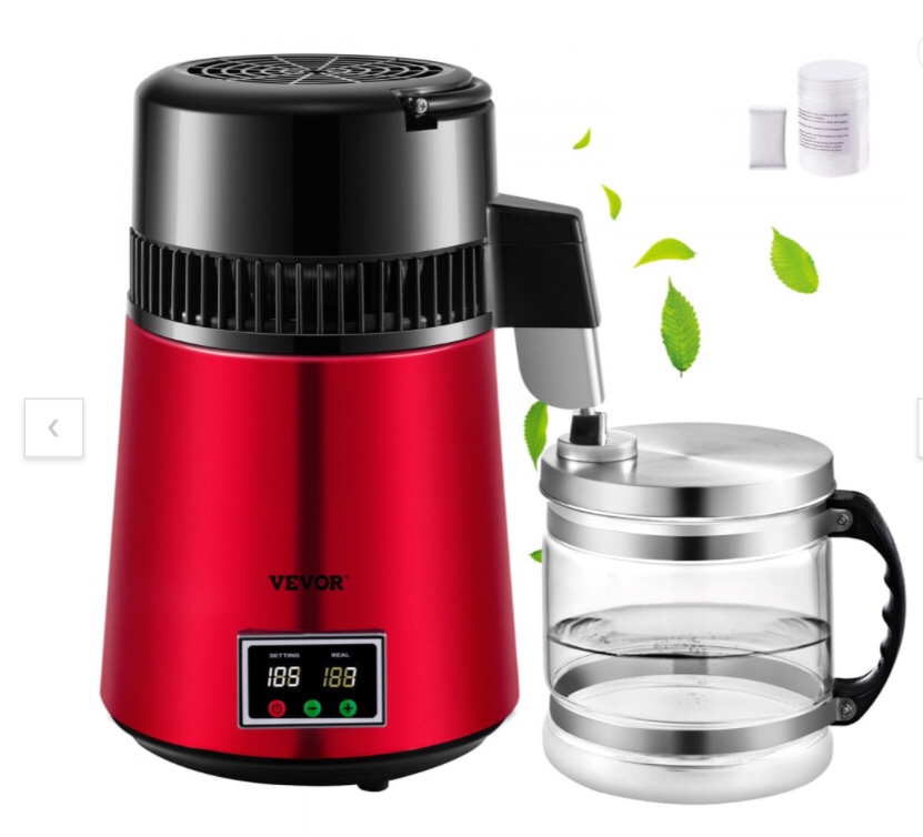 VEVOR Water Distiller, 4L Distilled Water Maker, Pure Water Distiller with Dual Temperature Displays, 750W Distilled Water Machine, Water Distillers for Home Countertop with Glass Container, Red