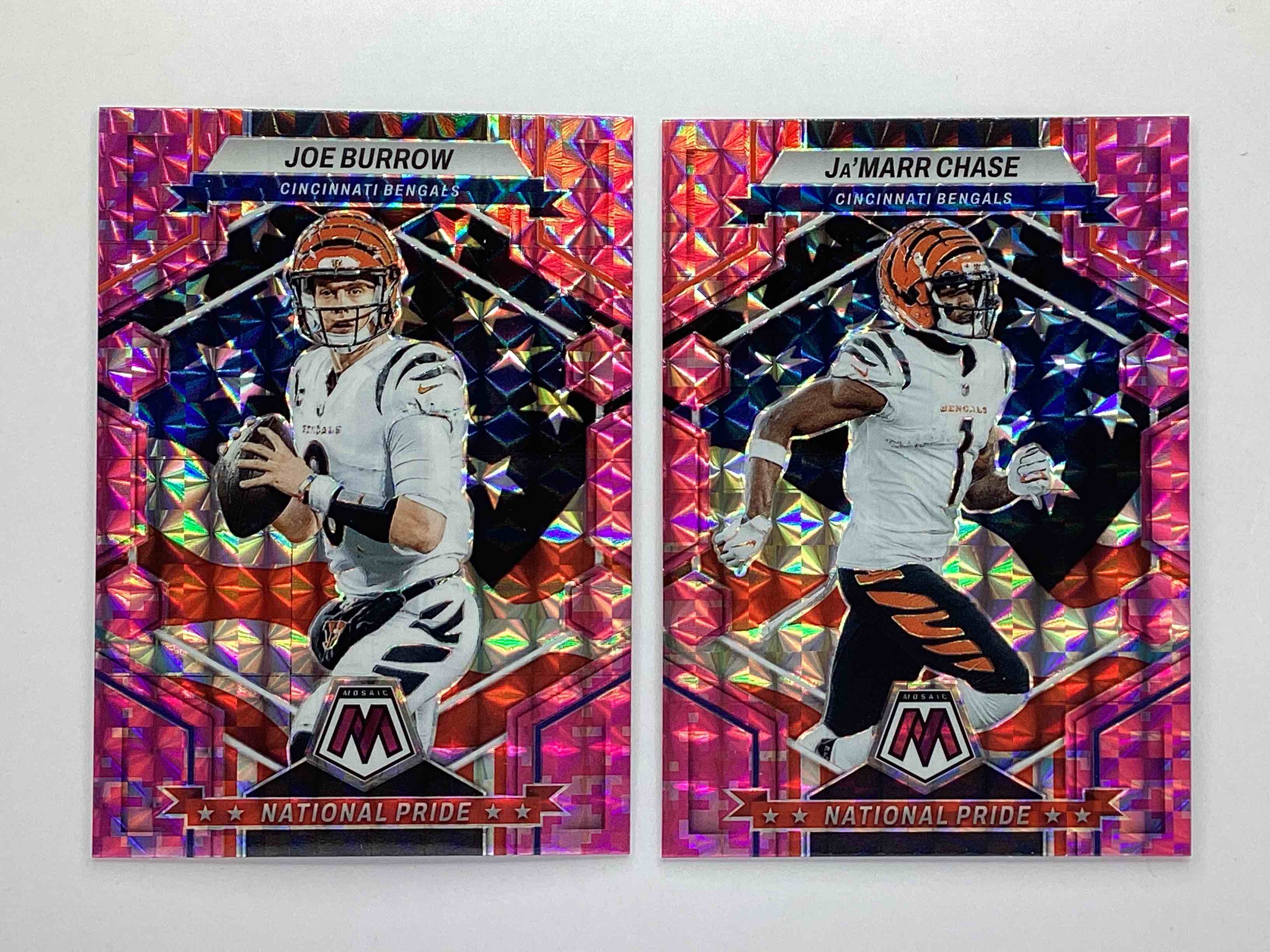 Whoah!  Two Amazing Matching National Pride Cards, Joe Burrow & Ja’ Marr Chase Mosaic PINK Reactive!  Hard To Collect!  Mint & Gorgeous! 