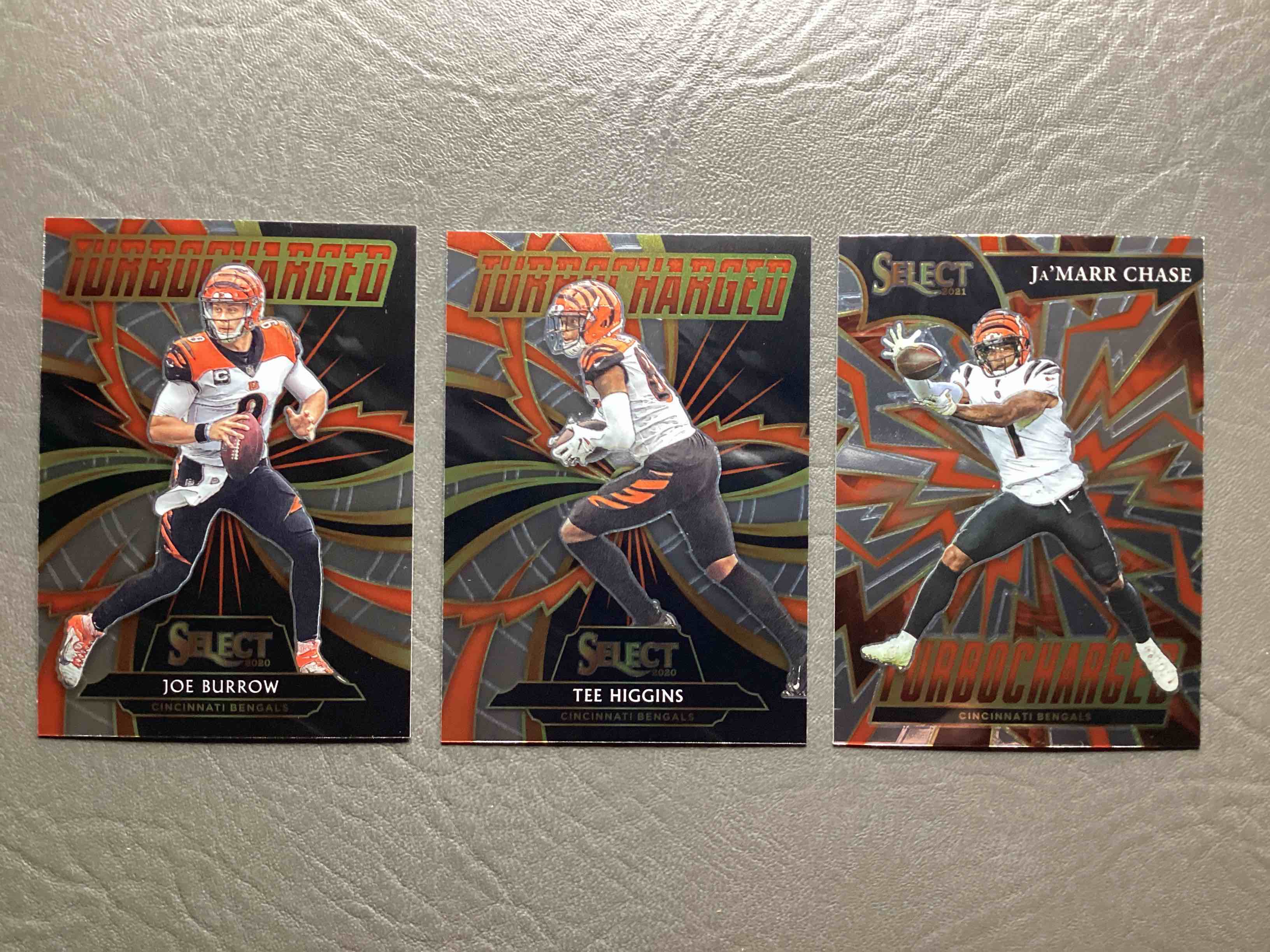 TurboCharged!  Three Awesome Matching Cards, Joe Burrow, Tee Higgins & Ja’ Marr Chase 2021 Turbo Charge Select!  Mint!