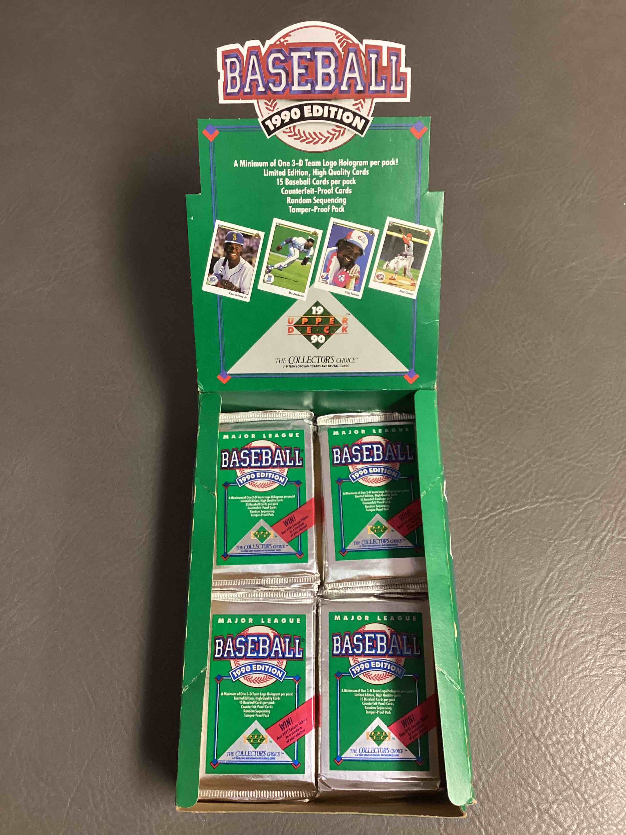 1990 Baseball Upper Deck Sealed Card Pack, Direct From Original Retail Case.  Sought After By Collectors For 3D Hologram Team Logos In Every Pack.  Search For Early Ken Griffey Jr., Bo Jackson & So Much More!