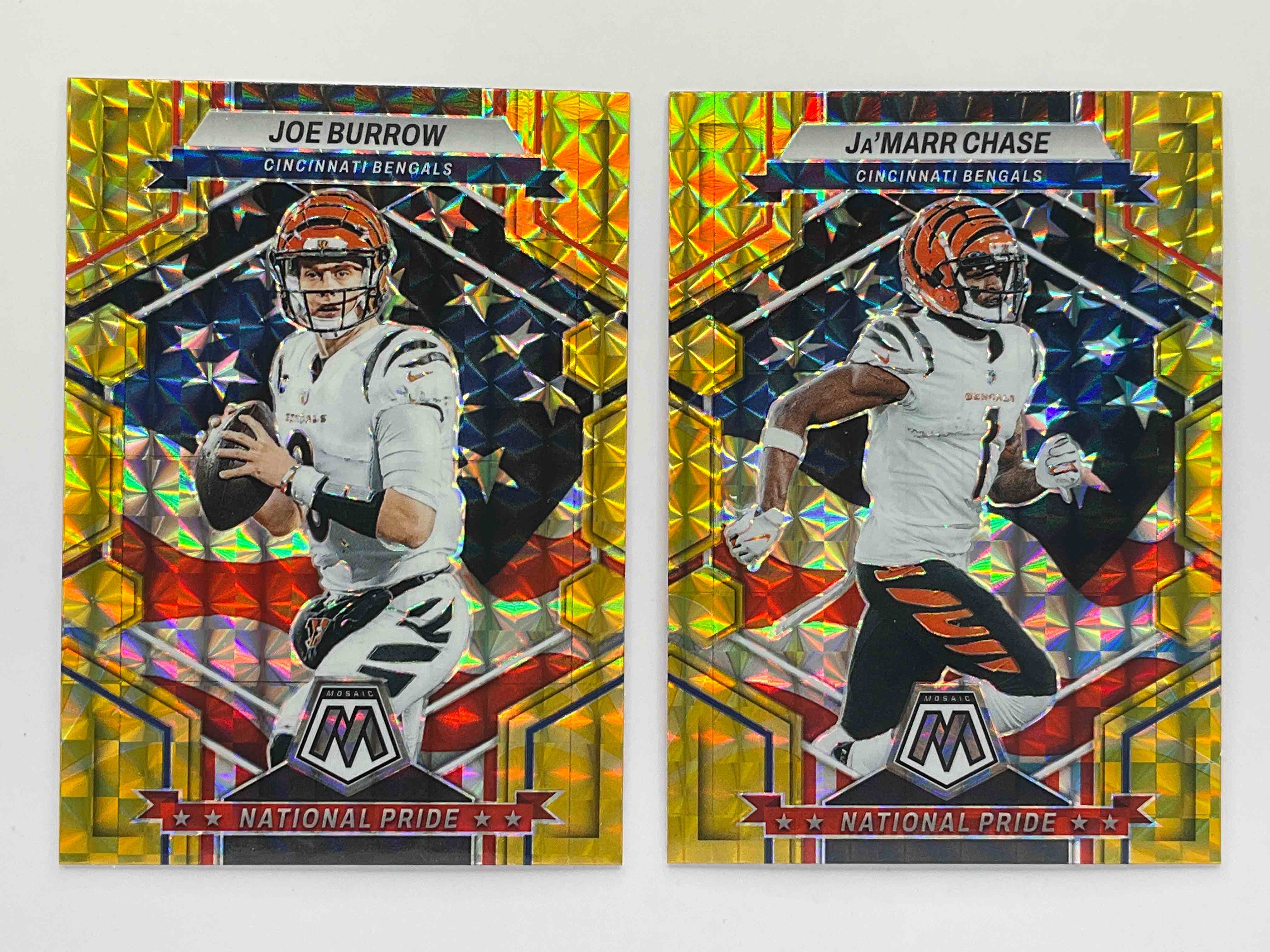 National Pride!  Two Awesome Matching Cards, Gold/Yellow Prizm Mosaic Reactive Joe Burrow & Ja’ Marr Chase 2023 National Pride Cards!  Gorgeous & Mint!