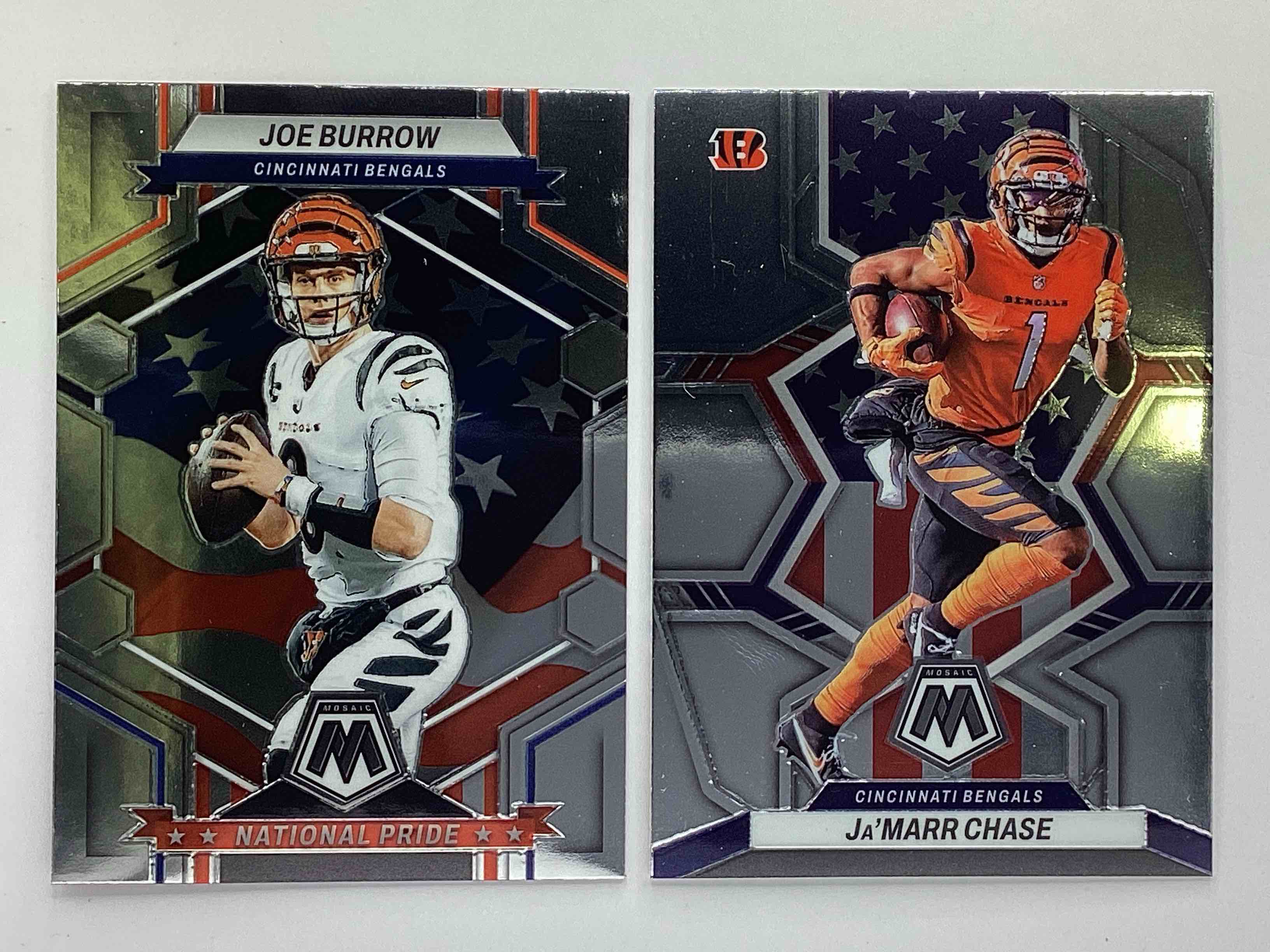 National Pride!  Two Awesome Matching Silver Stars & Stripes National Pride Mosaic Cards, Joe Burrow & Ja’ Marr Chase!  Gorgeous & Mint!