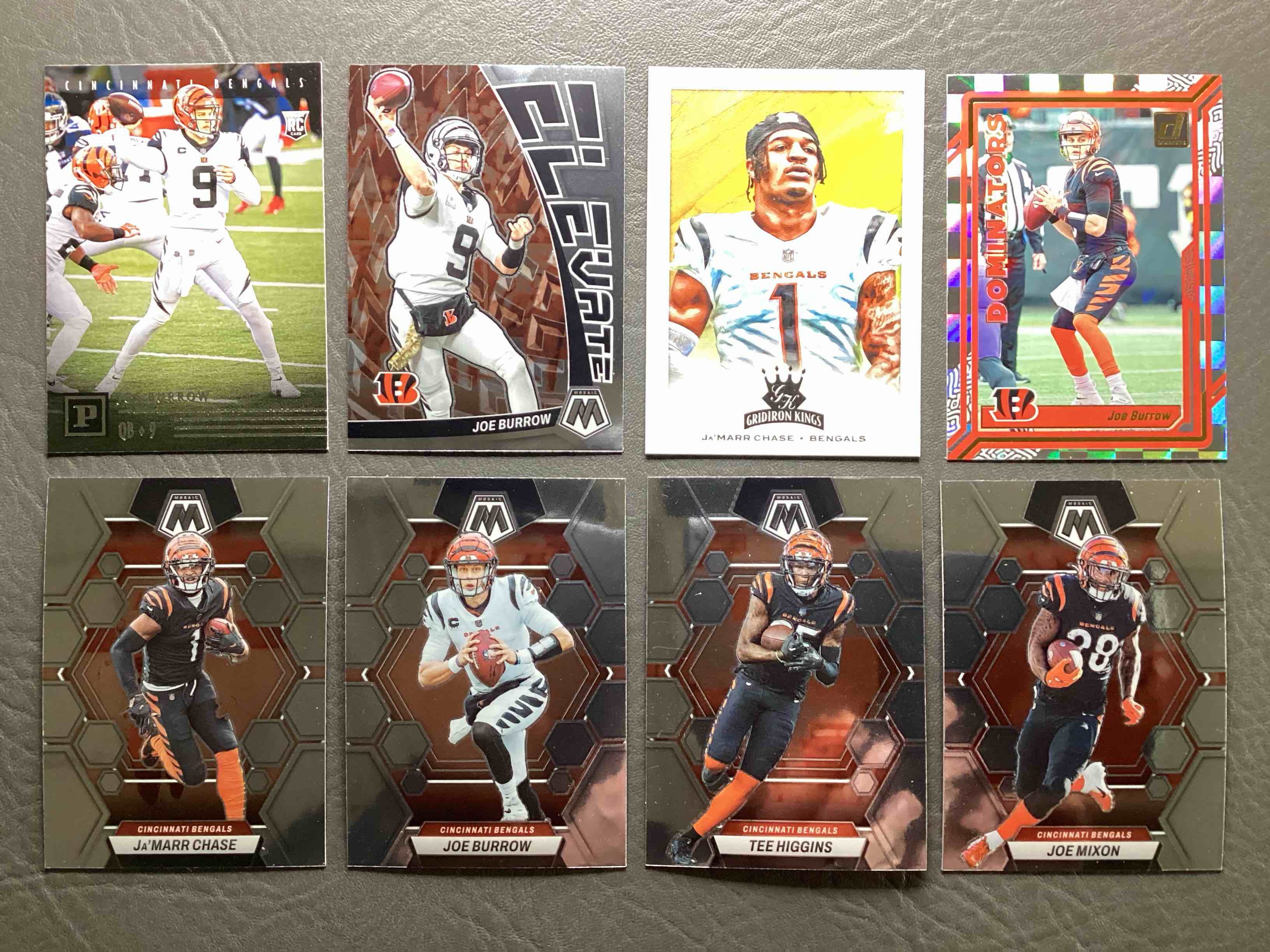 Who Dey!  8 Elite Bengals Cards!  Joe Burrow Rookie, Ja’ Marr Chase Rookie, Higgins, Mixon, Mosaics, Nice!  All Mint!