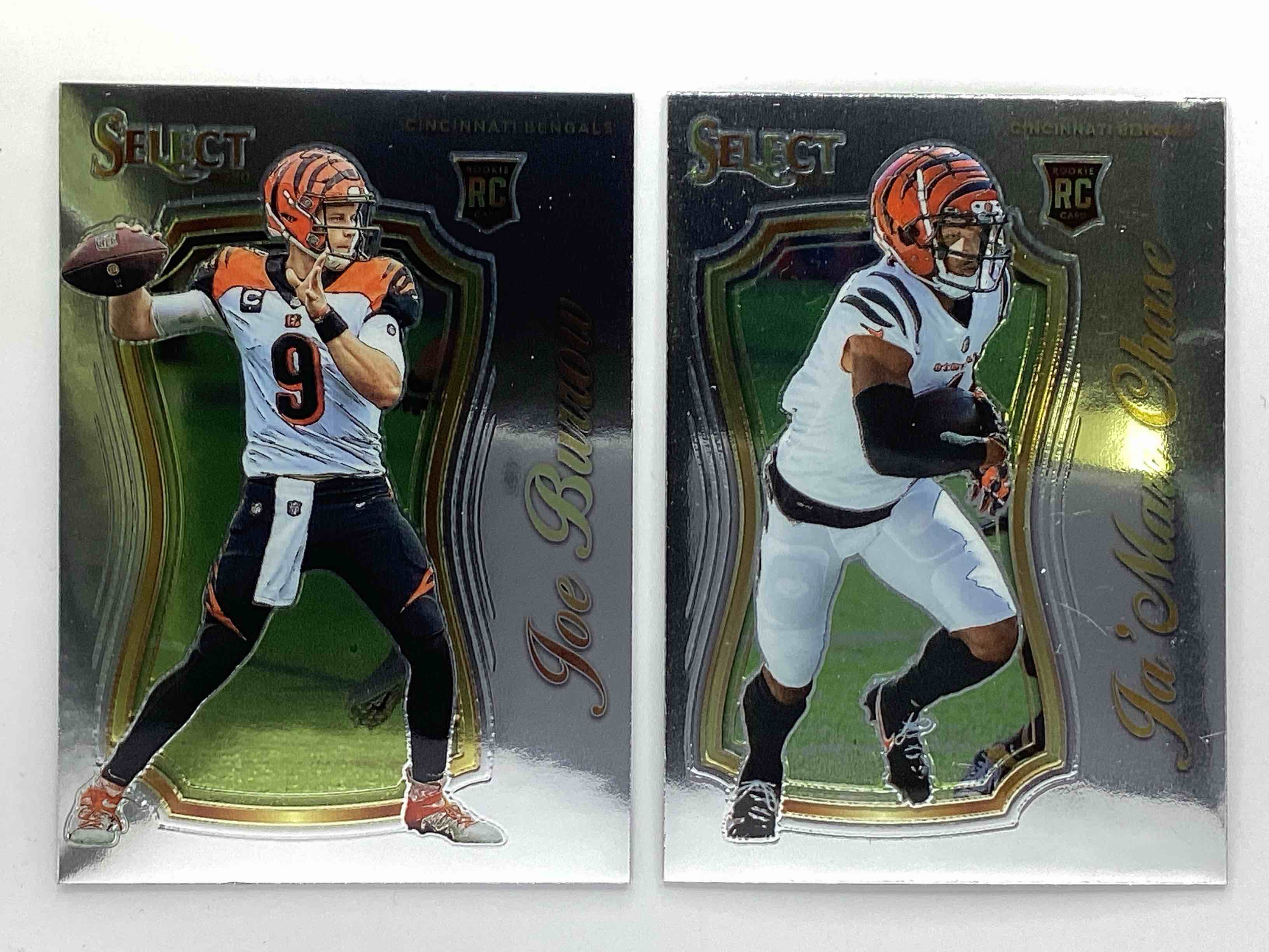 Dynamic Duo Rookies!  Two Matching Rookie Select Cards, Joe Burrow 2020 & Ja’ Marr Chase 2021, Both Rookies & Both Mint!  Hard To Collect!