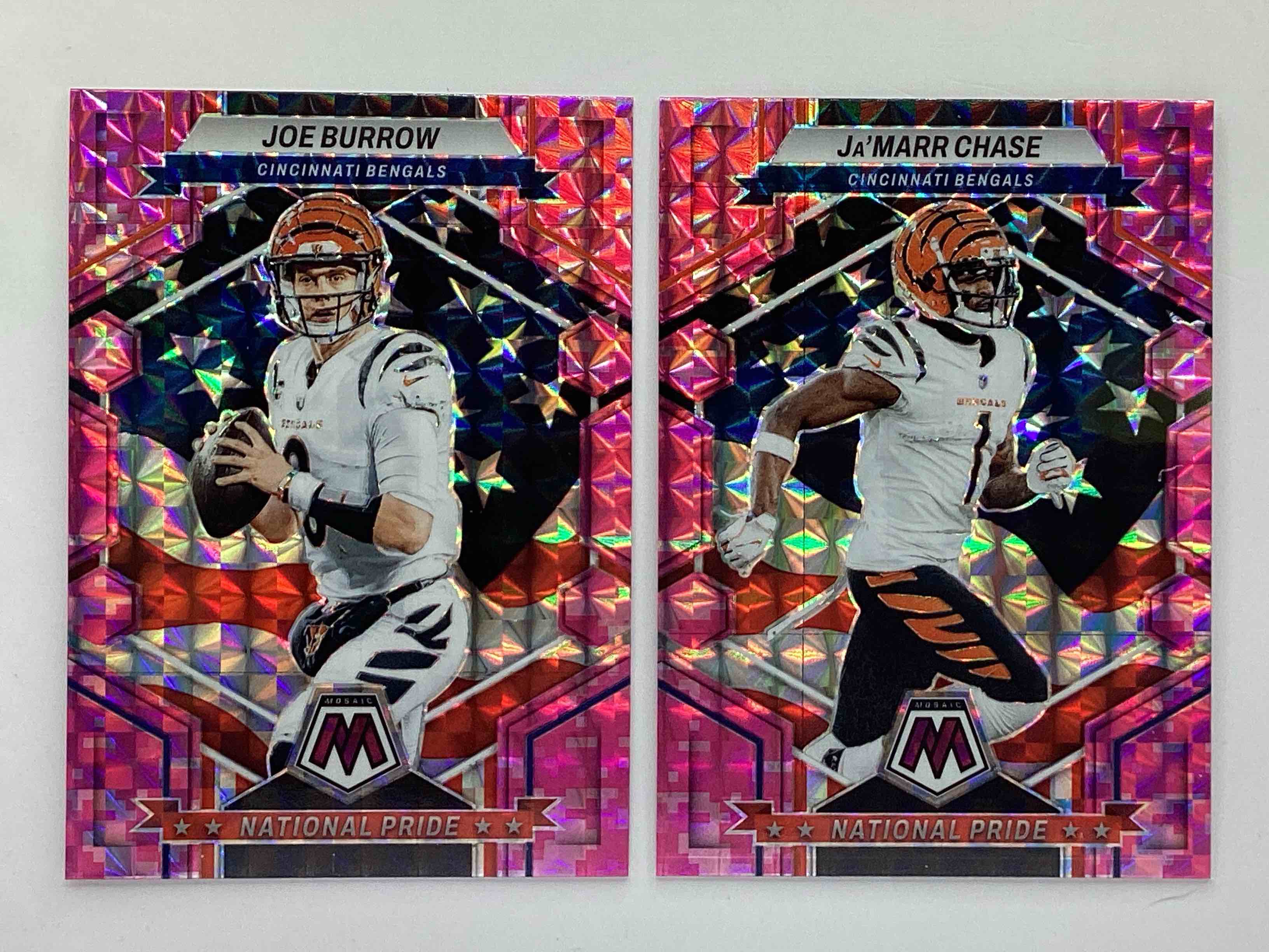 National Pride!  Rare Pink Camo Prizm!  Gorgeous Matching Joe Burrow & Ja’ Marr Chase 2023 Stars & Stripes National Pride Cards, Rare Pink Camo Prizm Versions!  Both Mint!