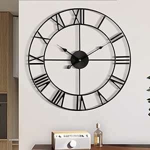Large Wall Clock Metal Retro Roman Numeral Clock, Modern Round Wall Clocks Almost Silent , Easy to Read for Living Room/Home/Kitchen/Bedroom/Office/School Decor (Black, 16 Inch)