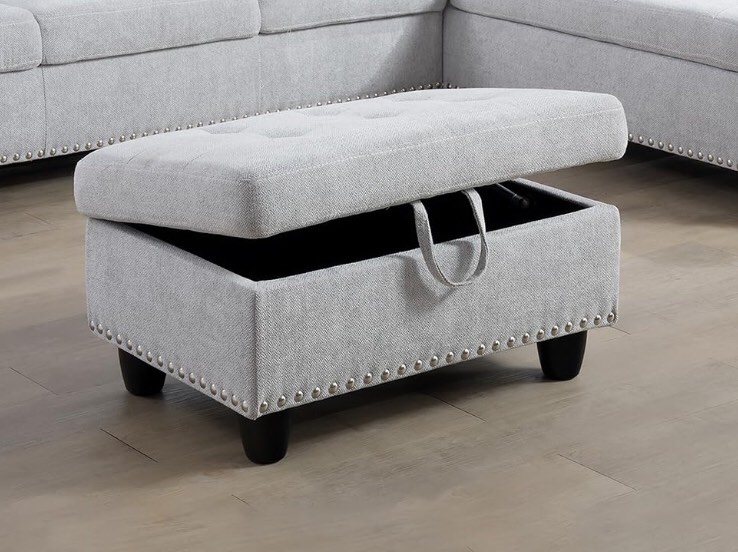Living Room Furniture, 3-Piece Sectional Set with 2 Cup Holder,L-Shape Chaise Lounge & Storage Ottoman,Sofas & Couches for Small Space Apartments-Grey White (Right Hand Facing)