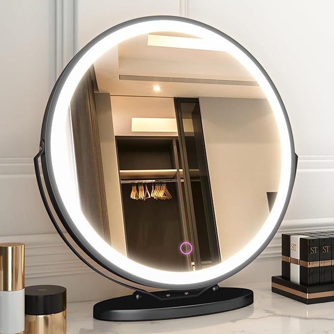 LVSOMT 20" Vanity Makeup Mirror with Lights, 3 Color Lighting Dimmable LED Mirror, Touch Control, 360°Rotation, High-Definition Large Round Lighted Up Mirror for Bedroom Table Desk
