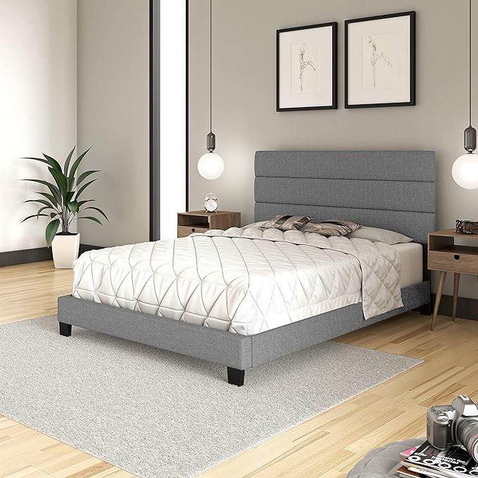 Boyd Sleep Montana Upholstered Platform Bed Frame Mattress Foundation with Tri-Panel Headboard and Strong Wood Slat Supports: Faux Leather, Gray, Double