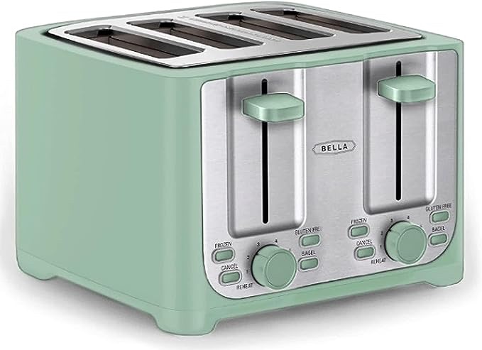 BELLA 4 Slice Toaster with Auto Shut Off - Extra Wide Slots & Removable Crumb Tray and Cancel, Defrost & Reheat Function - Toast Bread & Bagel, Sage