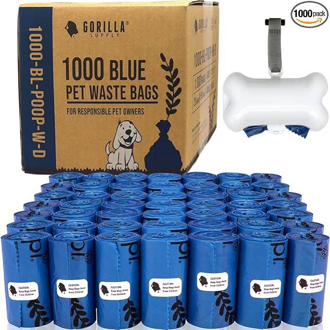GORILLA SUPPLY Dog Poop Waste Bags with Dispenser and Leash Tie, 9" x 13", Blue, 100