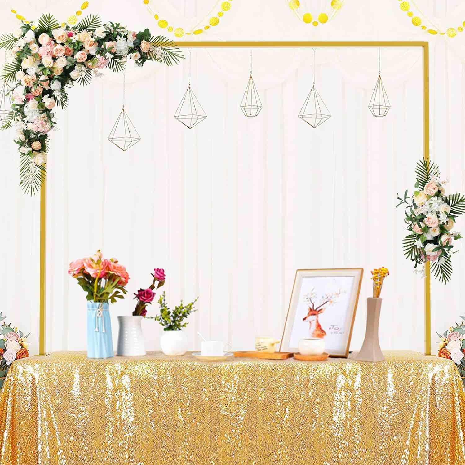 Fomcet 40" Tall Metal Adjustable Over The Table Rod Stand with Clamps 39"-75" Length Gold Table Arch for Wedding Birthday Party Anniversary Christmas Decoration Supplies