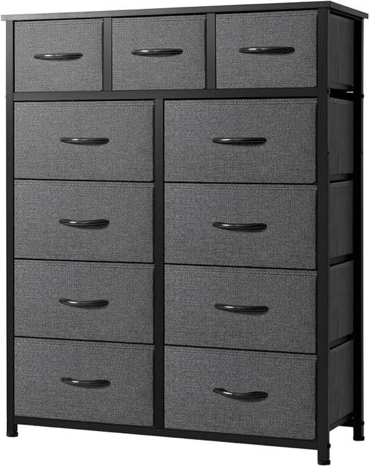 AZL1 Life Concept 11-Drawer Dresser, Fabric Storage Tower for Bedroom, Hallway, Nursery, Closets, Tall Chest Organizer Unit with Textured Print Fabric Bins, Steel Frame, Wood Top, Dark Grey
