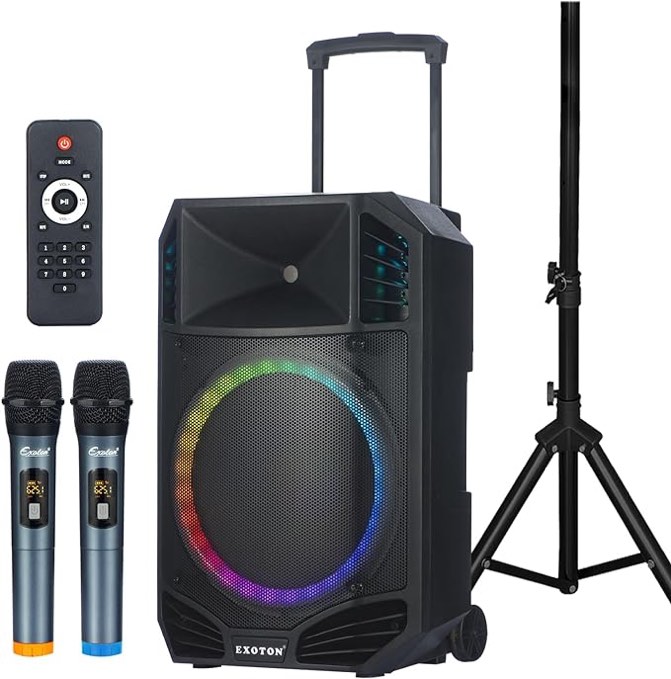 EXOTON 15 Inch Portable Rechargeable Speaker,1600W PMPO Active Powered Bluetooth Compatible System,Easy Carry Wheels, 2 Wireless Microphone