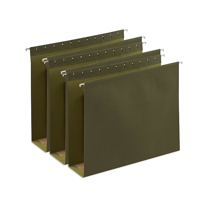 Staples Reinforced Box Bottom Hanging File Folder, 3" Expansion, Letter Size, Standard Green, 25/Box
