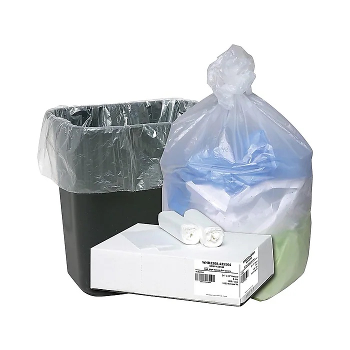16 Gallon Industrial Trash Bag, 24" x 32", High Density, 8 mic, Natural, 1000 Bags/Box 