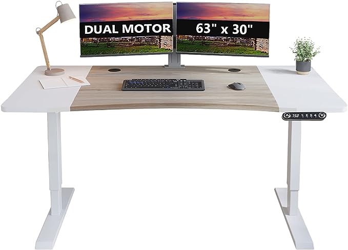 Bilbil Dual Motor Electric Standing Desk, 63 x 30 Inch Height Adjustable Sit Stand Table with Splice Board, Stand up Home Office Desk, White Frame/Oak and White Top