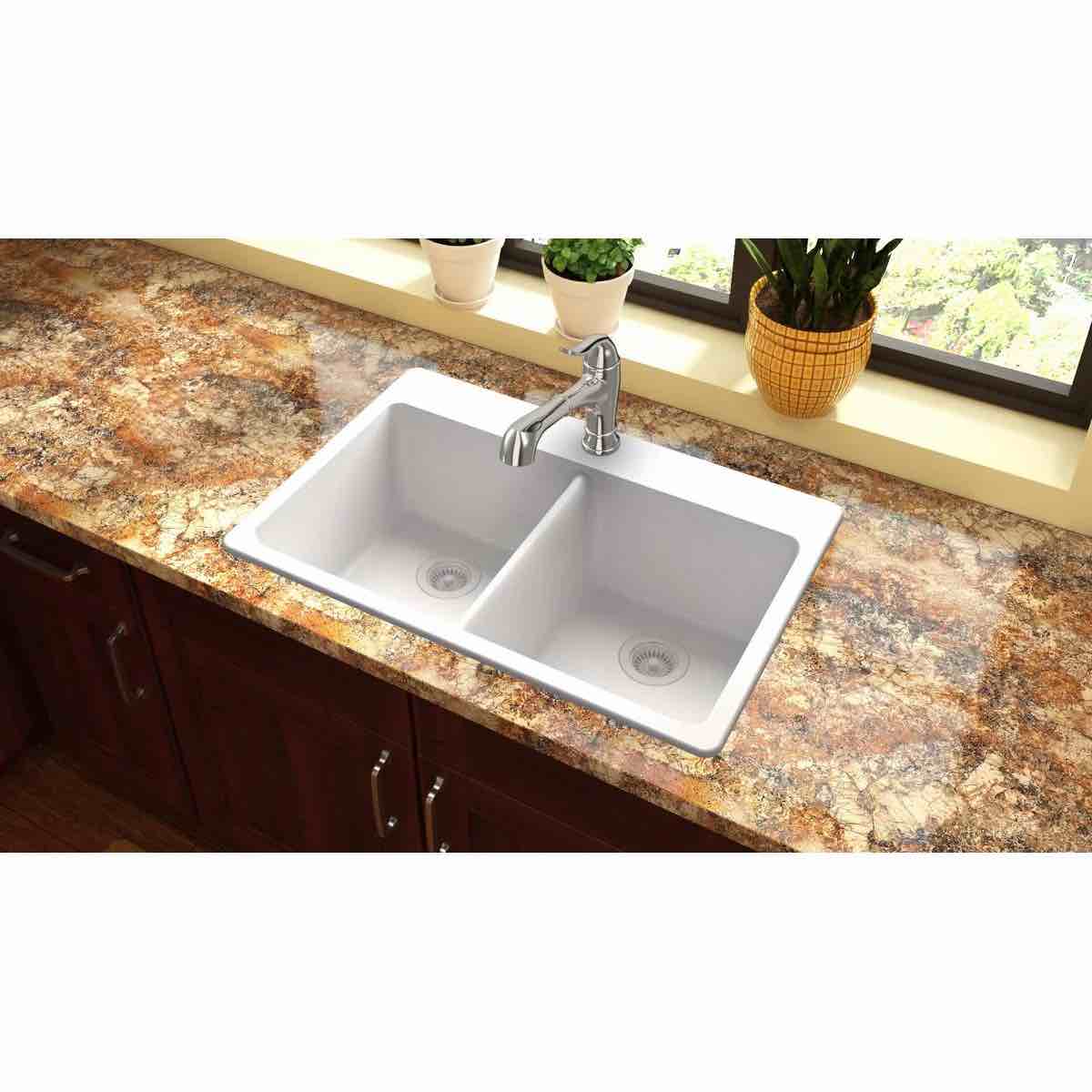 Elkay Classic 33" Quartz Kitchen Sink, 50/50 Double Bowl, White, ELG3322WH0