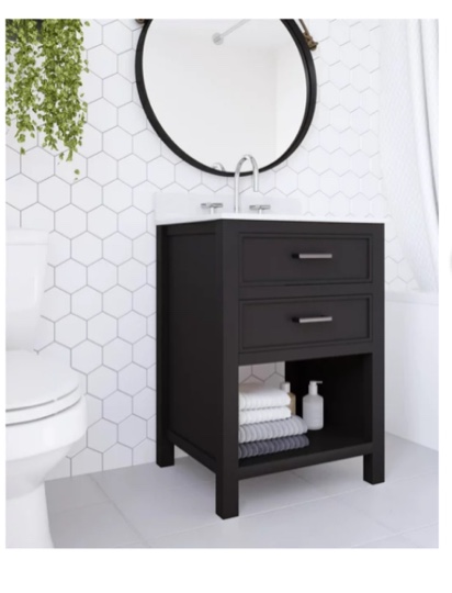 24 Inch Bathroom Vanity with Carrera Countertop and Rectangular Ceramic Sink, Black/Dark Pewter