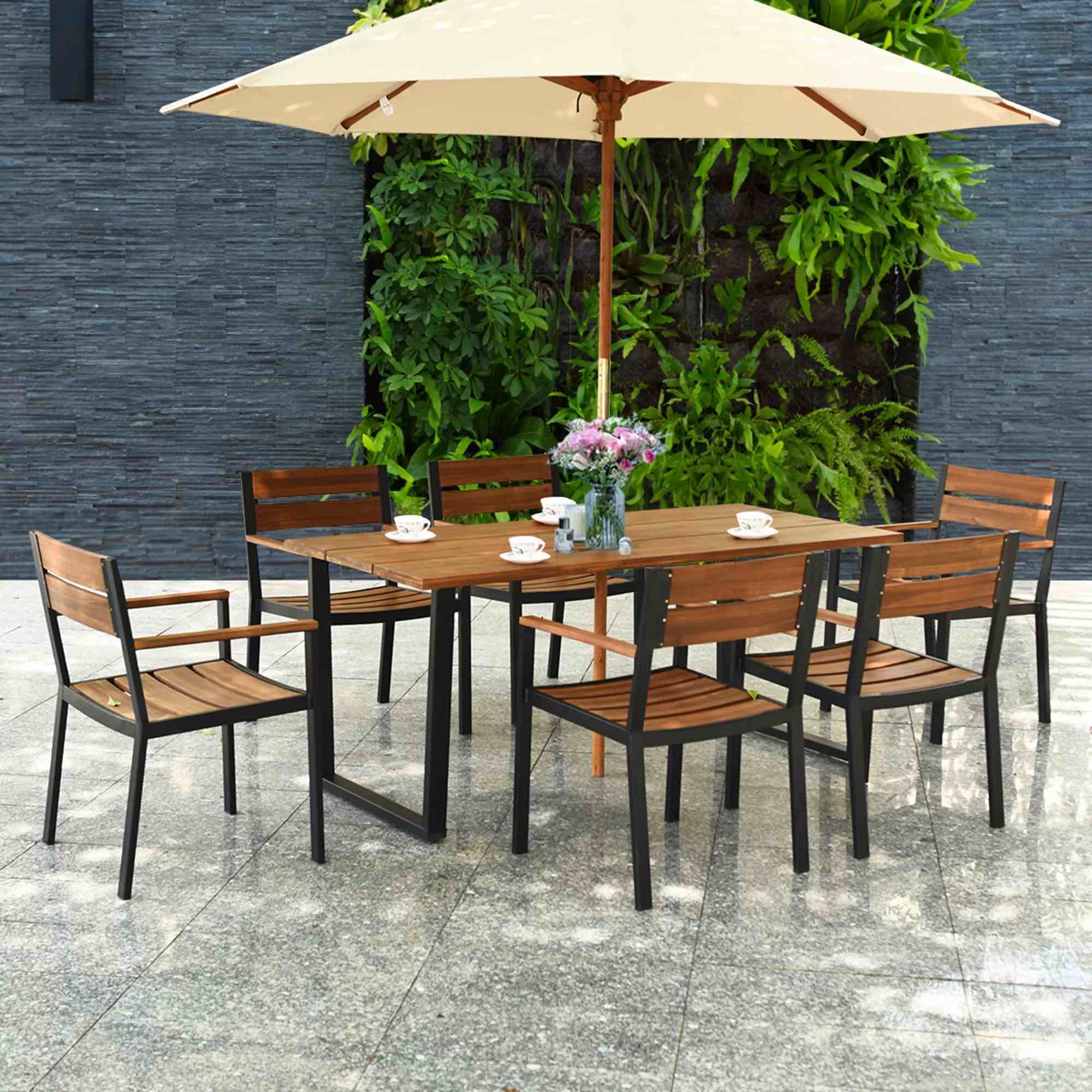 Costway 7PCS Outdoor Patio Dining Chair Table Set Acacia Wood Backyard W/Umbrella Hole Patented (only box 1 of 3) 