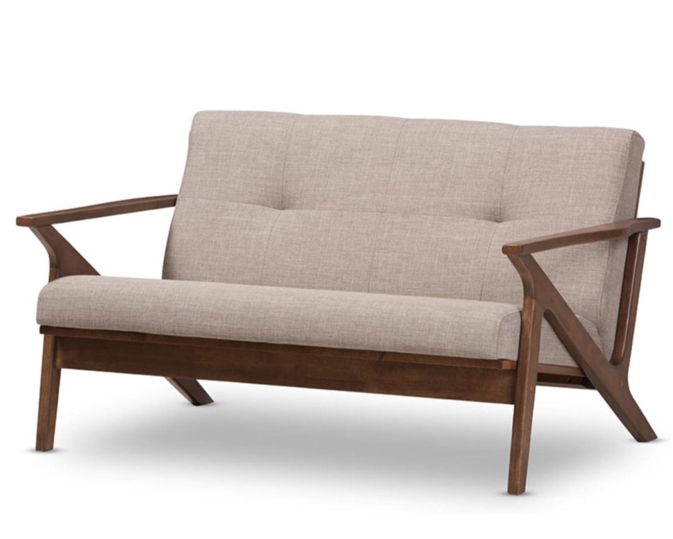 Baxton Studio Bianca Mid-Century Modern Walnut Wood Light Grey Fabric Tufted 2-Seater Loveseat( incomplete box 1/2)