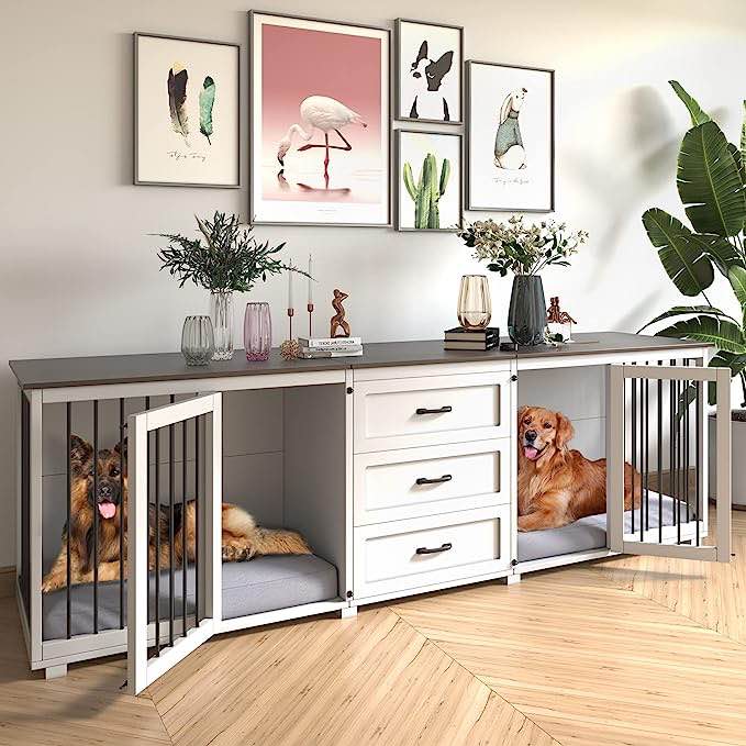 Dog Crate Furniture - Wooden Dog Kennel with 3 Drawer, Double Doors with Locks,95”x23”x32”H, White
