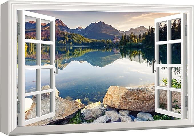 wall26 Canvas Print Wall Art Window View to Mountain Range & Forest ...