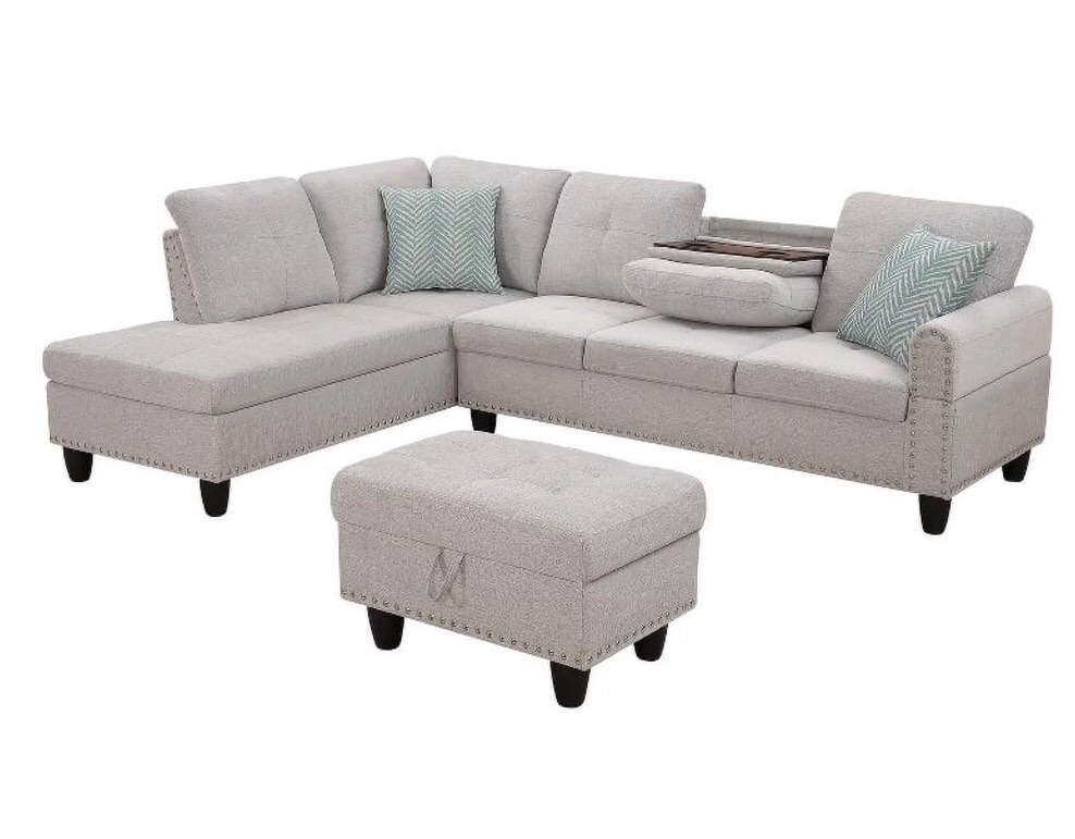 Devion Furniture Polyester Fabric Sectional Sofa with Ottoman-Light Gray
