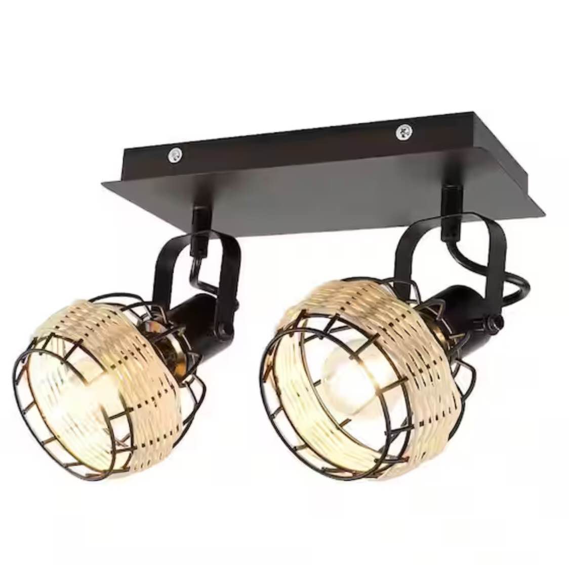 0.82 ft. 2-Light Matte Black Track Lighting Kit with Rattan Shades